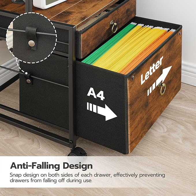 HOOBRO 2-Drawer File Cabinet, Filing Cabinet with Charging Station, Vertical Office Cabinet with Open Storage Shelf, Printer Stand, A4/Letter Size, Nonwovens Drawer, Rustic Brown BF23UWJ01