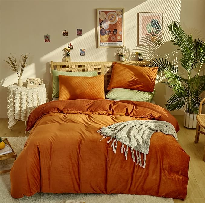 Burnt Orange Color Velvet Comforter Set Full Solid Rust Color Flannel Velvet Bedding Comforter Set All Caramel Colour 3 PCs Shaggy Soft Warm and Durable Flannel Blanket Full