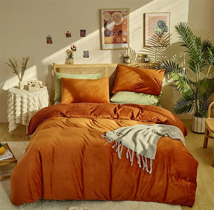 Burnt Orange Color Velvet Comforter Set Full Solid Rust Color Flannel Velvet Bedding Comforter Set All Caramel Colour 3 PCs Shaggy Soft Warm and Durable Flannel Blanket Full
