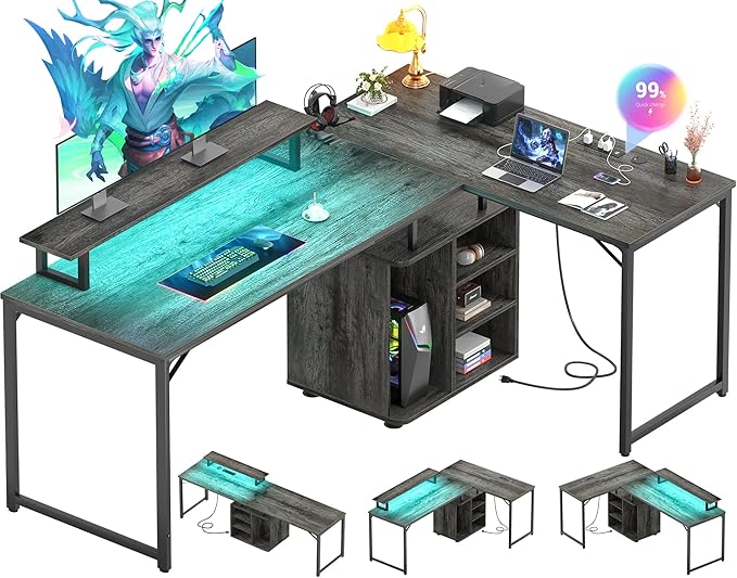Cyclysio L Shaped Gaming Desk with Wood Cabinet, 58" Large Corner Desk with LED Lights & Power Outlet, Reversible Computer Desk with Monitor Stand, Home Office Desk 2 Person Corner Desk, Grey Oak