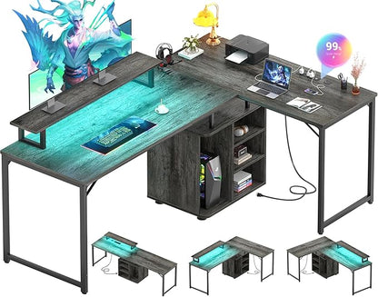 Cyclysio L Shaped Gaming Desk with Wood Cabinet, 58" Large Corner Desk with LED Lights & Power Outlet, Reversible Computer Desk with Monitor Stand, Home Office Desk 2 Person Corner Desk, Grey Oak