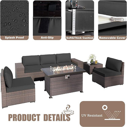 Patio Furniture Sectional Sofa Set 7-Pieces PE Rattan Patio Conversation Set w/43in Gas Fire Pit Table, Outdoor Furniture with 55000 BTU Propane Fire Pit, Black