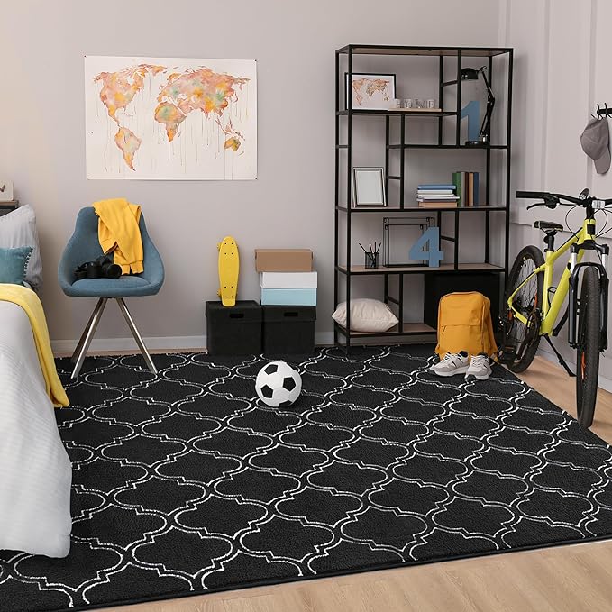 Chicrug Shag Geometric 6x9 Area Rug for Living Room, Large Modern Memory Foam Indoor Carpet, Fluffy Rug for Bedroom Bedside Room Decor for Family Girls Kids Nursery, Black/White