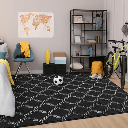 Chicrug Shag Geometric 6x9 Area Rug for Living Room, Large Modern Memory Foam Indoor Carpet, Fluffy Rug for Bedroom Bedside Room Decor for Family Girls Kids Nursery, Black/White