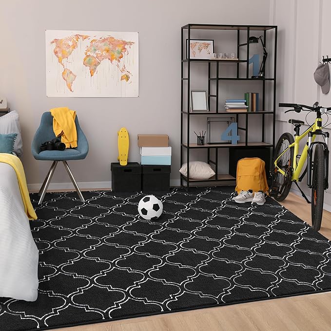 Chicrug Shag Geometric Modern Area Rug for Living Room, 3x5 Feet Large Memory Foam Indoor Carpet, Fluffy Rug for Bedroom Bedside Room Decor for Family Girls Kids Nursery, Black/White
