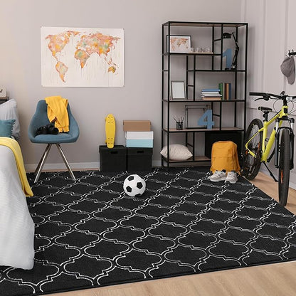 Chicrug Shag Geometric Modern Area Rug for Living Room, 3x5 Feet Large Memory Foam Indoor Carpet, Fluffy Rug for Bedroom Bedside Room Decor for Family Girls Kids Nursery, Black/White