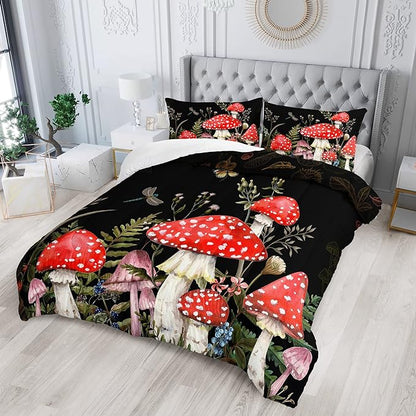 Red Mushroom Kawaii Comforter Set Queen Size Kids Mushroom Dragonfly Bedding Set Botanical Plant Theme Print Quilt Bed Set for Boys Girls Adults with 1 Comforter and 2 Pillowcases