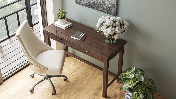 Signature Design by Ashley Camiburg Modern Home Office Writing Desk with Drawers, Warm Brown
