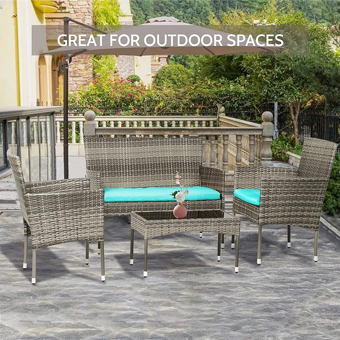 FDW Patio Conversation Set 4 Pieces Outdoor Furniture Set Wicker with Rattan Chair Loveseats Coffee Table for Outdoor Indoor Garden Backyard Porch Poolside Balcony,Gray Wicker/Blue Cushions