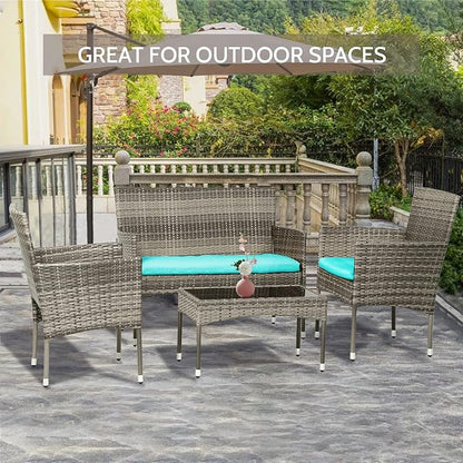 FDW Patio Conversation Set 4 Pieces Outdoor Furniture Set Wicker with Rattan Chair Loveseats Coffee Table for Outdoor Indoor Garden Backyard Porch Poolside Balcony,Gray Wicker/Blue Cushions