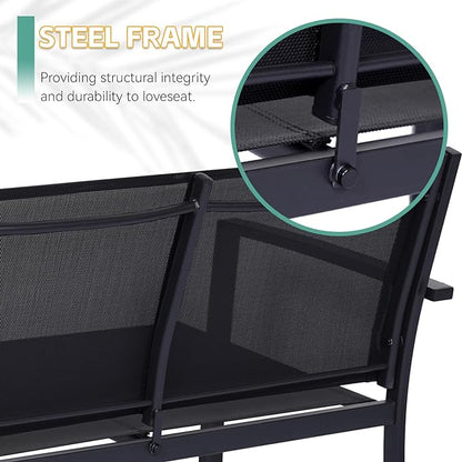 4 Pieces Patio Furniture Set Outdoor Garden Patio Conversation Sets Poolside Lawn Chairs with Tempered Glass Coffee Table Loveseat Porch Furniture Textilene Fabric Black