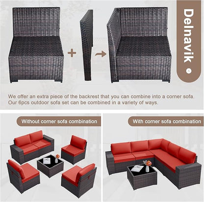 Patio Furniture Set Sofa 6-Piece Wicker PE Rattan Sectional Sofa Set, Outdoor Furniture Patio Conversation Set with Glass Coffee Table and Cushions, Red