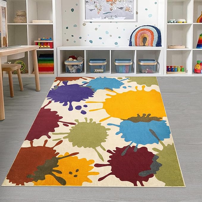 Colorful Area Rug, 5'x7' Classroom Rug for Kids, Paint Splash Washable Rug for Playroom, Non-Slip Rainbow Nursery Rug Soft Living Room Carpet for Bedroom Dining Room Kids Room