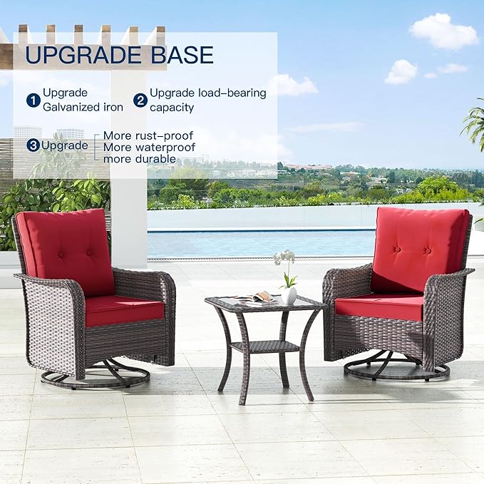 Kullavik 13PCS Outdoor Patio Furniture Set,PE Wicker Rattan Sectional Sofa Patio Conversation Sets with 43" 55000BTU Gas Propane Fire Pit Table,Swivel Rocking Chairs Set,Dark Red