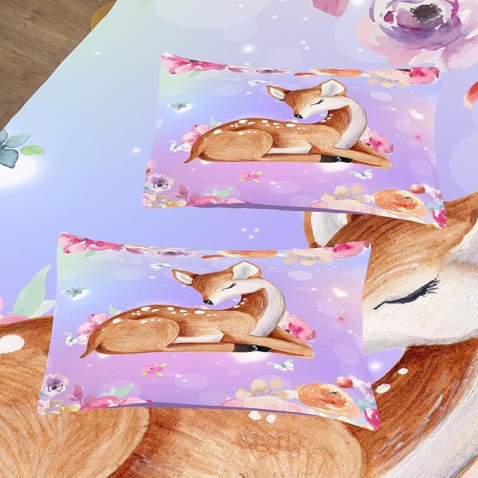 NINENINE Deer Bedding Kawaii Deer Comforter Sets for Girls Kids,Cute Deer Bedding Queen Size Comforter sets for Girls,Watercolor Wildlife Bedding Set with 1 Comforter 2 Pillowcases…