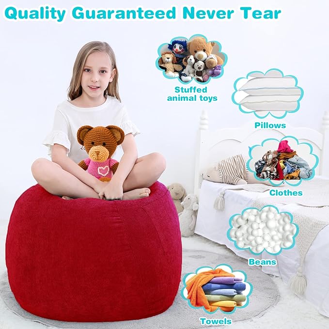 Stuffed Animal Storage Bean Bag Chair Cover (No Filler) for Kids and Adults.Soft Premium Corduroy Stuffable Beanbag for Organizing Children Plush Toys or Memory Foam Small 100L (Red)