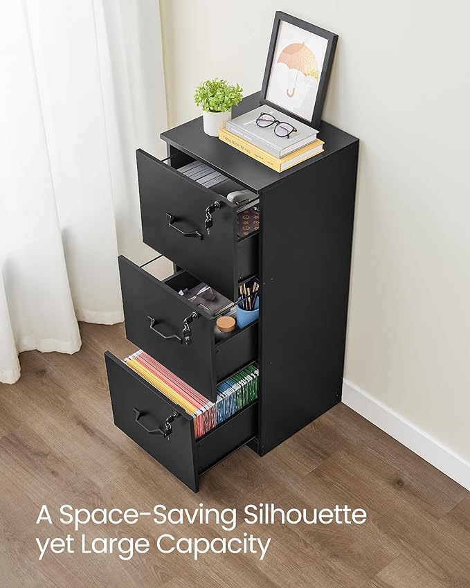 VASAGLE 3-Drawer Vertical File Cabinet, Filing Cabinet for Home Office, Printer Stand, with 3 Lockable Drawers, Adjustable Hanging Rail, for A4 and Letter-Size Files, Ink Black UOFC055B16