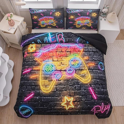 Boys Full Size Bedding Set, Gaming Comforter Sets for Boys, Gamer Bedding Sets for Boys Teens, Neon Kids Bedding Set, Gaming Room Decor for Boys Bedroom(1 Comforter +2 Pillowcases)
