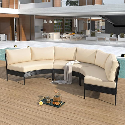 3-Piece Half Moon Patio Furniture Set with Cushions, All Weather Rattan Curved Outdoor Sofa Conversation Group Seatings for Balcony Front Porch Backyard Deck Lawn, Beige