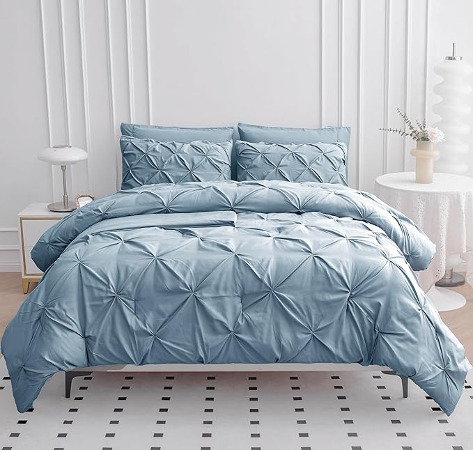 LANE LINEN King Size Comforter Set with Sheets, Complete 7 Piece King Comforter Set, Pintuck King Bedding Set, Soft King Size Bed in a Bag Set, Premium King Bed Set, Pillowcases & Shams - French Blue