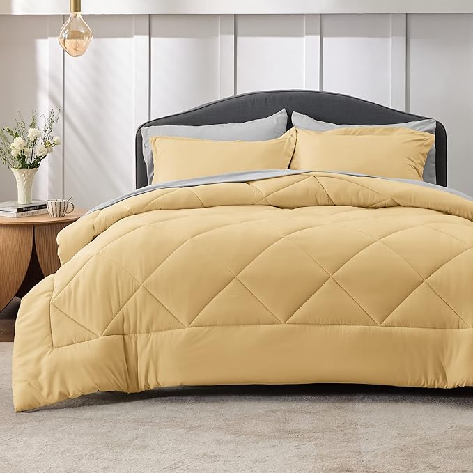 Bedsure Yellow Full Size Comforter Set - 7 Pieces Reversible Full Bed in a Bag Full Bed Set with Comforters, Sheets, Pillowcases & Shams, Full Bedding Sets