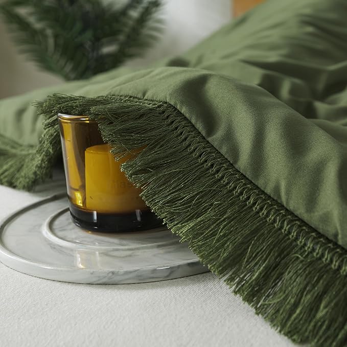 Andency Olive Green Comforter Set Full Size, 3 Pieces Boho Tassel Lightweight Bedding Comforter Sets, All Season Soft Fluffy Fringe Bed Set (79x90In Comforter & 2 Pillowcases)