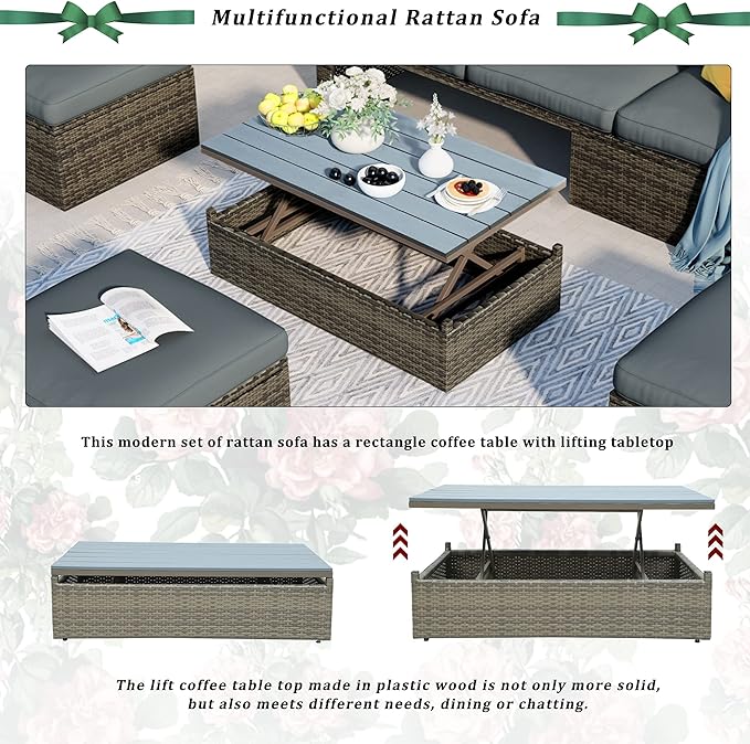 5 Pieces Patio Furniture Sets All Weather Wicker Rattan Sectional Sofa Outdoor Conversation with Adustable Backrest, Cushions, Ottomans and Lift Top Coffee Table for Poolside, Garden, Backyard