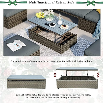 5-Piece Patio Furniture Sets Wicker Outdoor Sofa Couch with Adustable Backrest, Ottomans and Lift Top Coffee Table, Onesize, Gray
