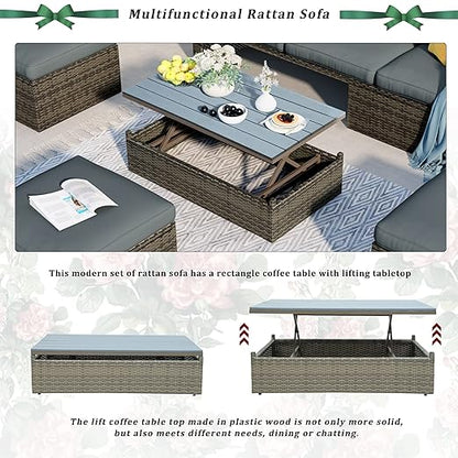 5 Pieces Outdoor Patio Sectional Sofa Couch, PE Wicker Furniture Conversation Sets with Adustable Backrest & Washable Cushions & Ottomans & Glass Coffee Table for Garden, Poolside, Backyard