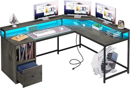 YITAHOME L Shaped Desk with Power Outlets & LED Lights, 67" Computer Desk with File Drawer, Corner Desk Home Office Desk with Monitor Stand & 3 Cubbies Storage Shelves, Grey