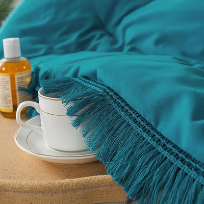 Andency Turquoise Comforter Twin Size, 2 Pieces Boho Teal Tassel Lightweight Bedding Comforter Sets for Twin Bed, Teal Blue All Season Soft Fluffy Fringe Bed Set (66x90In Comforter & 1 Pillowcase)