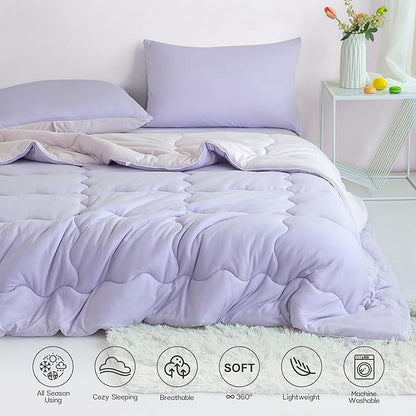 COTTEBED Reversible Ultra-Soft Purple and Light Pink King Size Bed Comforter Set, Jersey Knit T-Shirt Feel Cute Comy Bedding Down Blanket Quilt & Pillowcase Lightweight All Season California Cal King