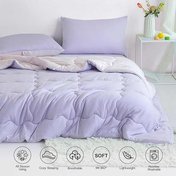 COTTEBED Reversible Softness Pink Purple Twin Comforters Sets for Girl Kids College Dorm, Cute Jersey Knit Lightweight Breathable Fluffy Cozy Comfy Bed Down Comforter Quilt for All Season Twin/Twin XL