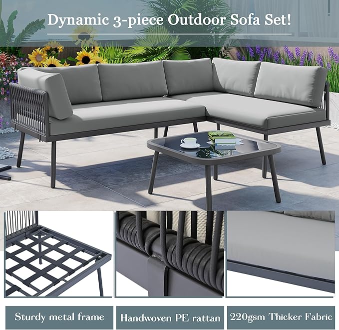 3-Piece Outdoor Patio Furniture PE Rattan Sofa Set, All Weather L-Shaped Sectional Couch with Removable Cushions and Glass Table, for Backyard Poolside Garden, Metal Frame, Onesize, Gray