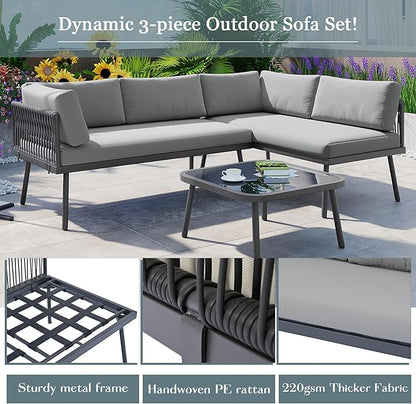 3-Piece Outdoor Patio Furniture PE Rattan Sofa Set, All Weather L-Shaped Sectional Couch with Removable Cushions and Glass Table, for Backyard Poolside Garden, Metal Frame, Onesize, Gray