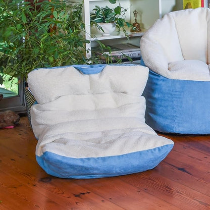 Big Joe Roma Kid's Bean Bag Chair, Oat Sherpa and Dusty Blue, Vegan Suede, 2 feet