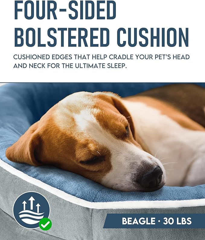 OhGeni Orthopedic Dog Bed Couch for Large Sized Pets with Egg Foam Support, Four-Sided Bolster Cushions, Soft Tear-Resistant Fabric, and Removable Machine Washable Plush Cover 35-Inch (Washed Blue)