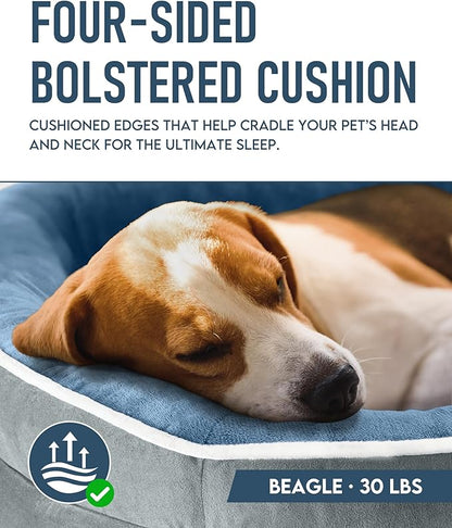 OhGeni Orthopedic Dog Bed Couch for Large Sized Pets with Egg Foam Support, Four-Sided Bolster Cushions, Soft Tear-Resistant Fabric, and Removable Machine Washable Plush Cover 35-Inch (Washed Blue)