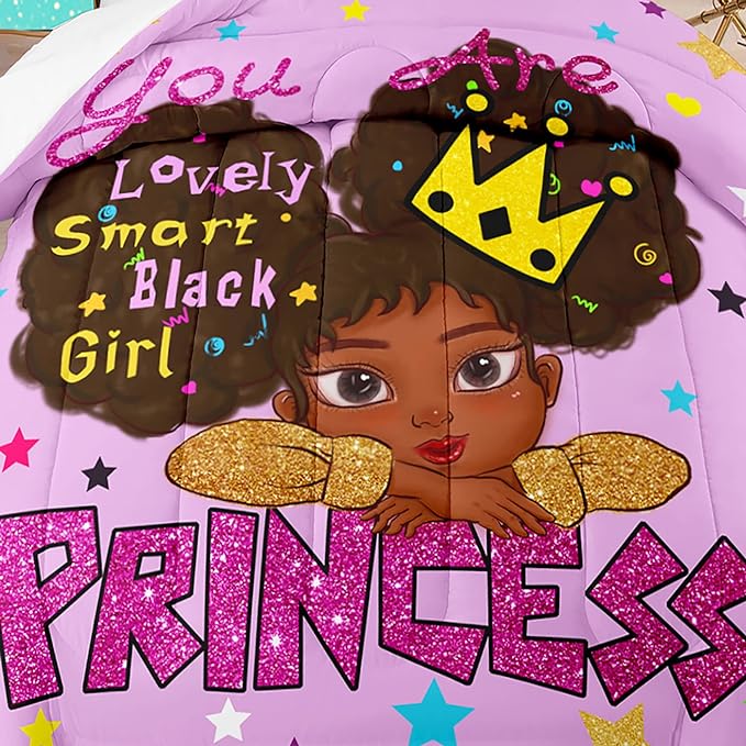 African Black Girl Full Size Comforter Sets for Girls, Black Girl Teen Girl Comforter Set Full Size, Purple Princess Full Size Bedding Set, Full (1 Comforter 2 Pillowcases)