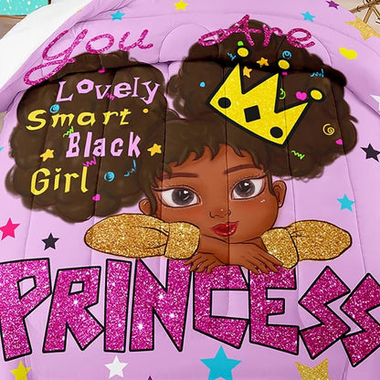 African Black Girl Full Size Comforter Sets for Girls, Black Girl Teen Girl Comforter Set Full Size, Purple Princess Full Size Bedding Set, Full (1 Comforter 2 Pillowcases)