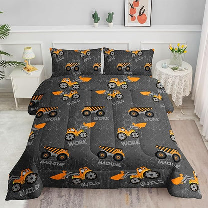 Datura home Construction Truck Comforter Set for Boys Kids Children,Machinery Excavators Vehicles Tractor Bedding Set with 1 Comforter and 2 Pillowcases(Brown Truck Twin) Twin 68x86''