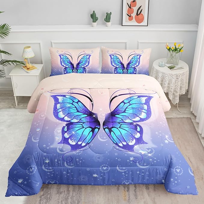 Datura home Bedding Comforter Set Pink Purple Butterfly Printed Pattern Quilt with 1 and 2 Pillowcases for Girls Bedroom All Season(Butterfly Full) Full 80x90inches