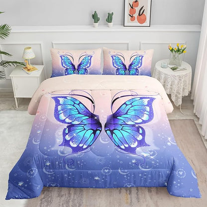 Datura home Bedding Comforter Set Pink Purple Butterfly Printed Pattern Quilt with 1 and 2 Pillowcases for Girls Bedroom All Season(Butterfly Queen) Queen 90x90inches