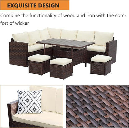 Solaste 7 Piece Patio Furniture Set, All Weather Wicker Patio Conversation Sets with Cushion Seat & Pillows, Outdoor Dining Set, Patio Furniture Outdoor Sectional, Brown