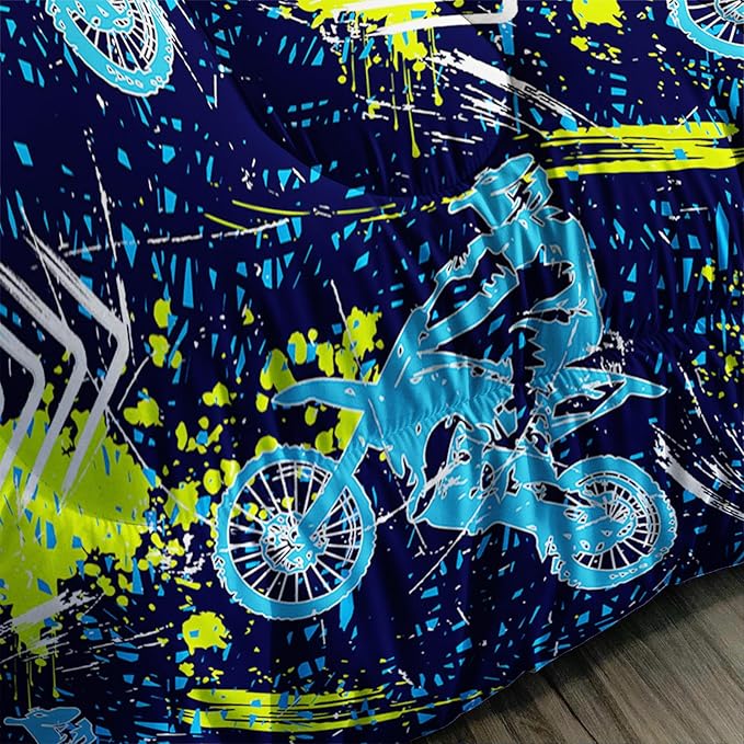 Axolotl Boys Dirt Bike Bedding Set Queen,Dirt Bike Comforter Set,Extreme Sports Tie Dye Bedding Set Motor Biker,Motocross Rider Comforter Set for Boys Kids Teens Men,1 Quilt 2 Pillowcases,Blue Green