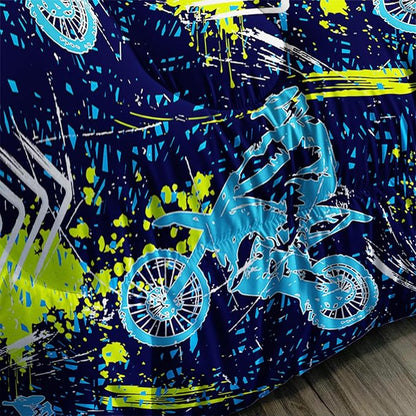Axolotl Boys Dirt Bike Bedding Set Queen,Dirt Bike Comforter Set,Extreme Sports Tie Dye Bedding Set Motor Biker,Motocross Rider Comforter Set for Boys Kids Teens Men,1 Quilt 2 Pillowcases,Blue Green