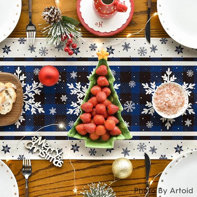 Artoid Mode Buffalo Plaid Snowflakes Blue Christmas Table Runner, Seasonal Winter Kitchen Dining Table Decoration for Home Party Decor 13x120 Inch