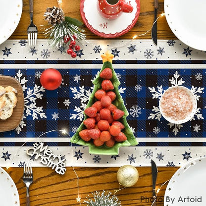 Artoid Mode Buffalo Plaid Snowflakes Blue Christmas Table Runner, Seasonal Winter Kitchen Dining Table Decoration for Home Party Decor 13x120 Inch