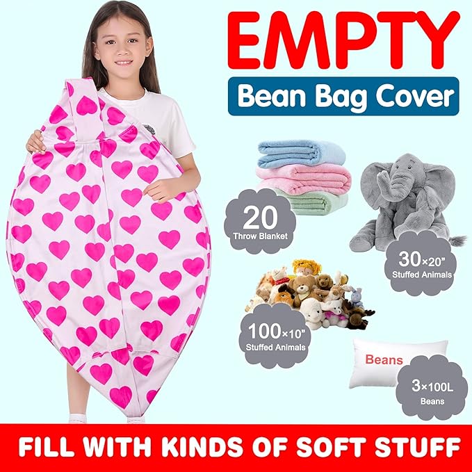 Lukeight Stuffed Animal Storage Bean Bag Chair Cover for Kids, Zipper Beanbag Chair Cover for Organizing Toddler & Kids' Rooms Plush Toys (Heart Velvet, XX-Large)