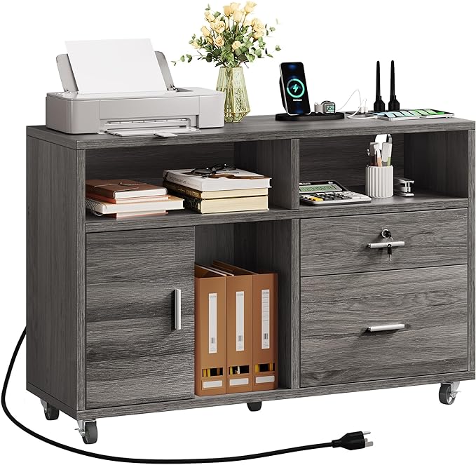 DWVO 2 Drawer File Cabinet with Charging Station, Mobile Filing Cabinet with Lock, Grey